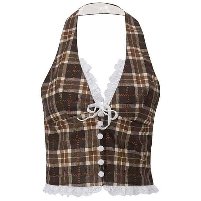 PLAID HALTER TOP VINTAGE LACE TRIM