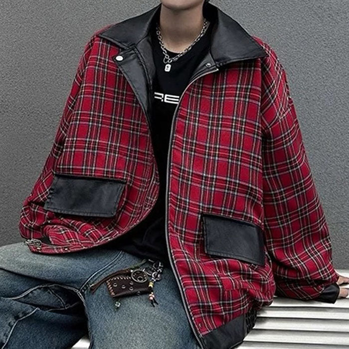 PLAID LINED GRUNGE LEATHER JACKET