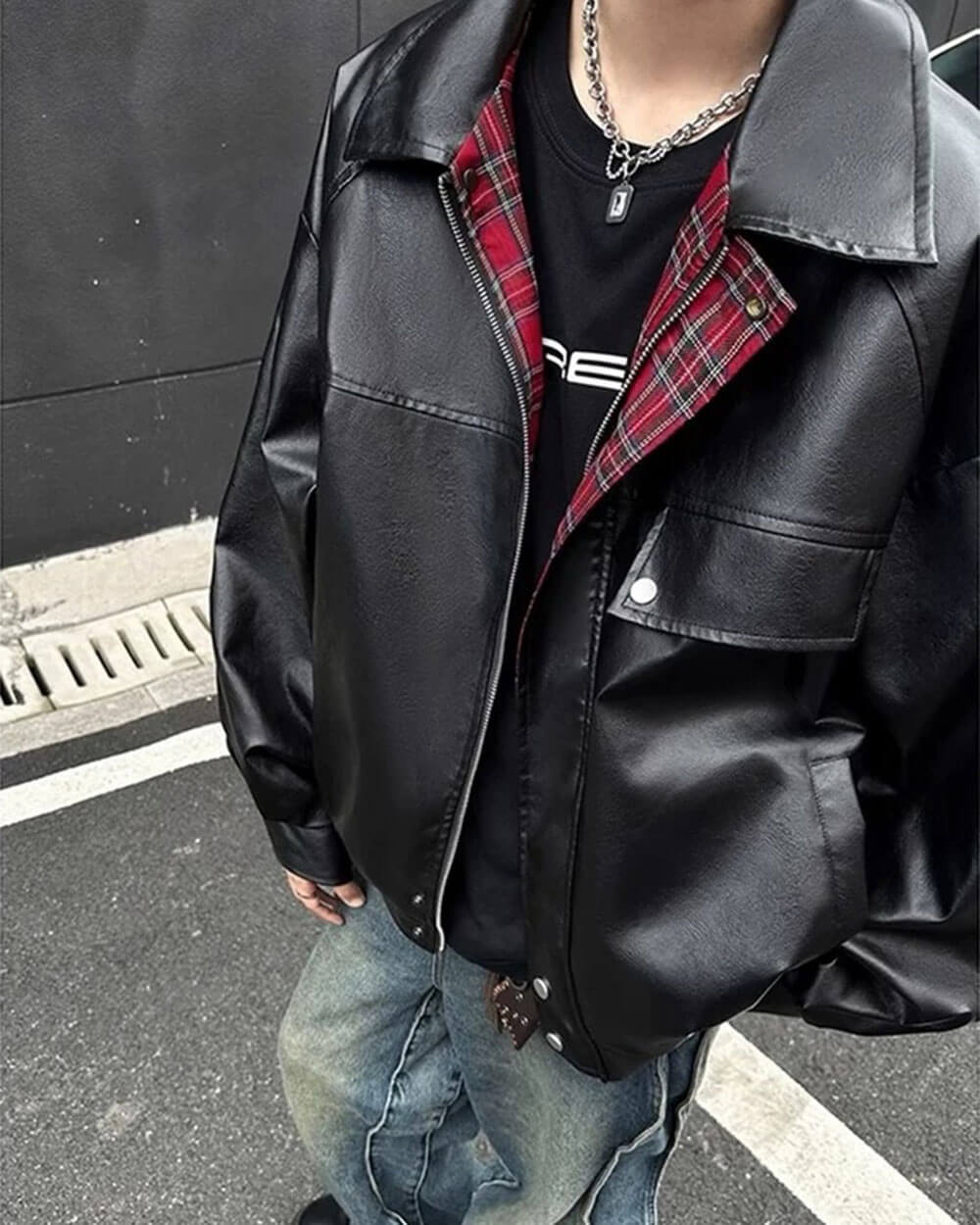 PLAID LINED GRUNGE LEATHER JACKET