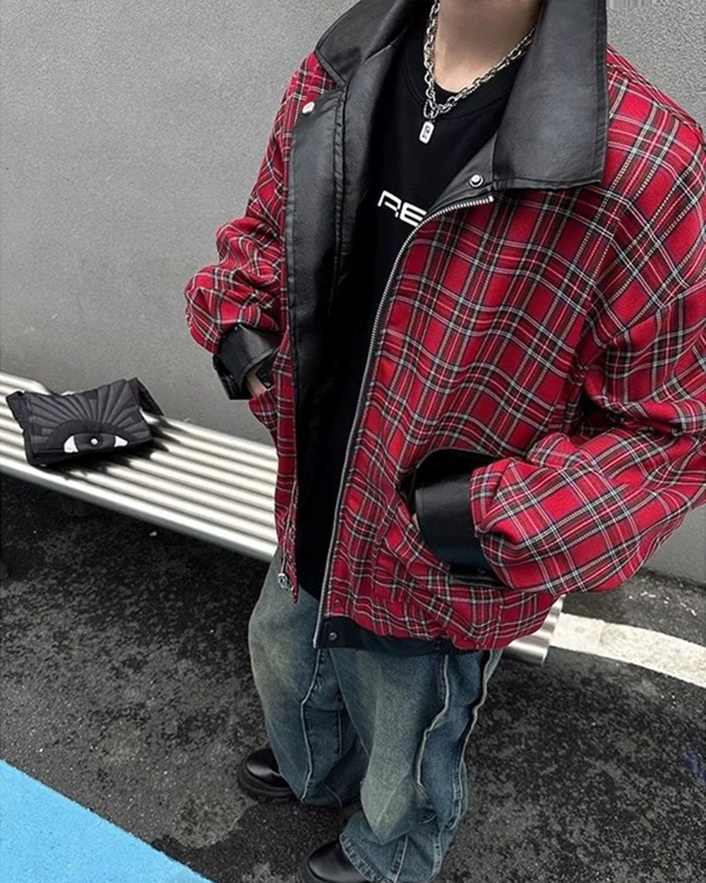 PLAID LINED GRUNGE LEATHER JACKET