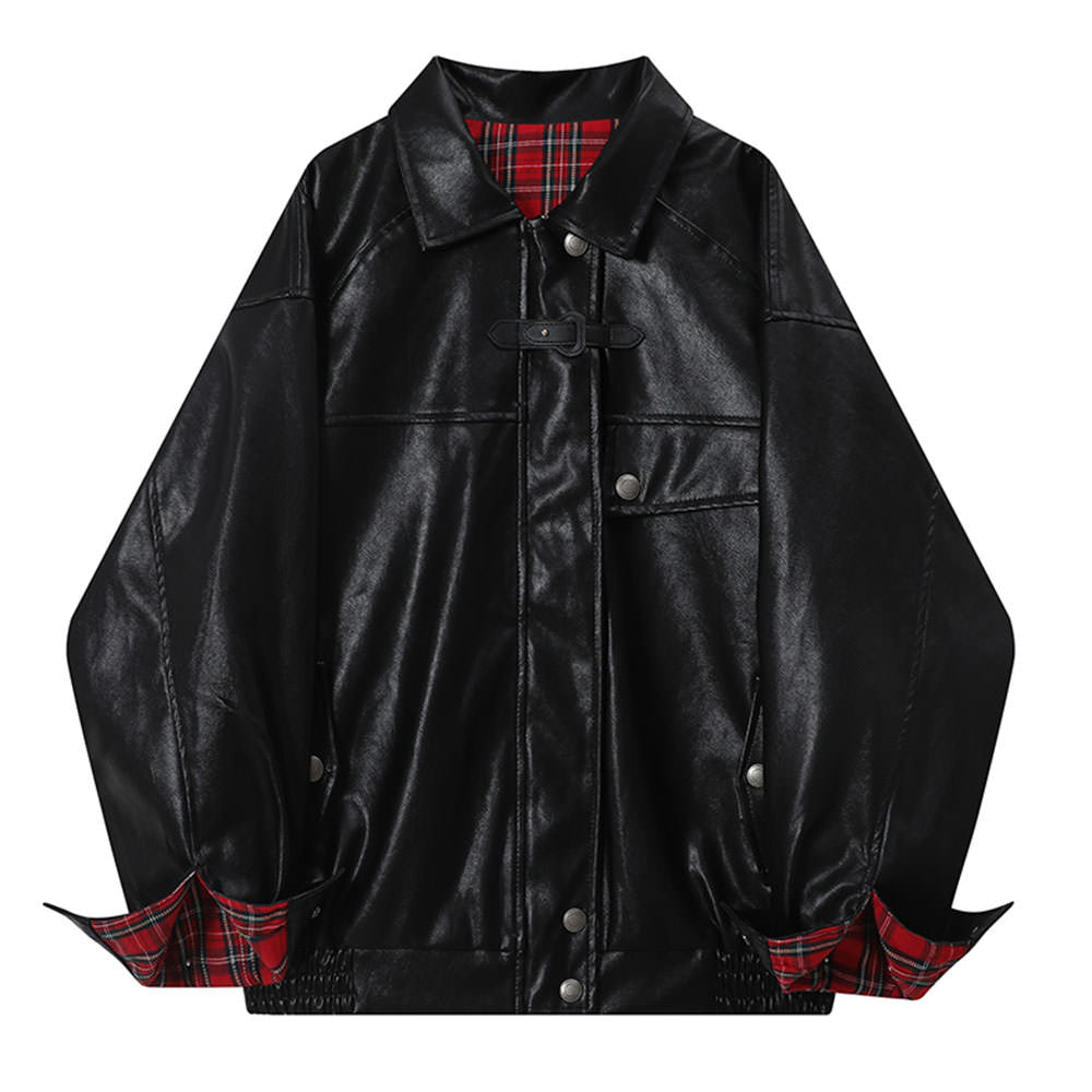 PLAID LINED GRUNGE LEATHER JACKET