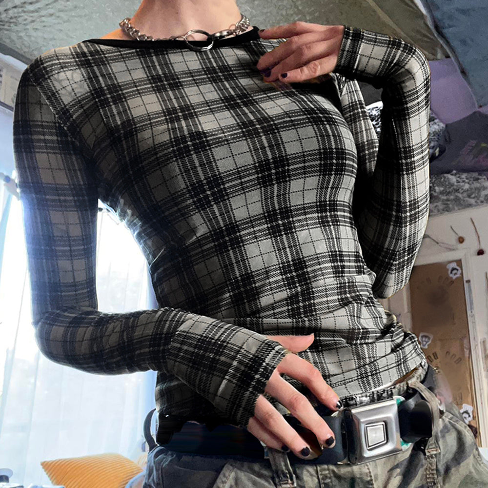 PLAID MESH TOP: EDGY GRUNGE PLAID MESH LONG SLEEVE