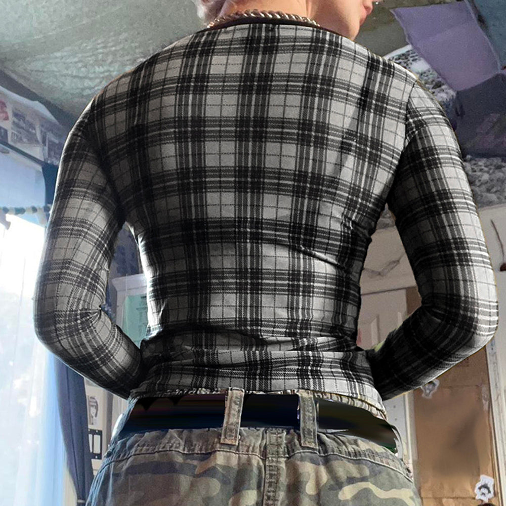 PLAID MESH TOP: EDGY GRUNGE PLAID MESH LONG SLEEVE
