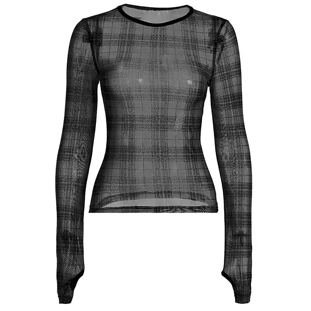 PLAID MESH TOP: EDGY GRUNGE PLAID MESH LONG SLEEVE