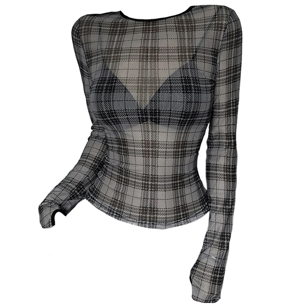 PLAID MESH TOP: EDGY GRUNGE PLAID MESH LONG SLEEVE