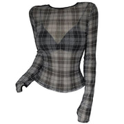 PLAID MESH TOP: EDGY GRUNGE PLAID MESH LONG SLEEVE