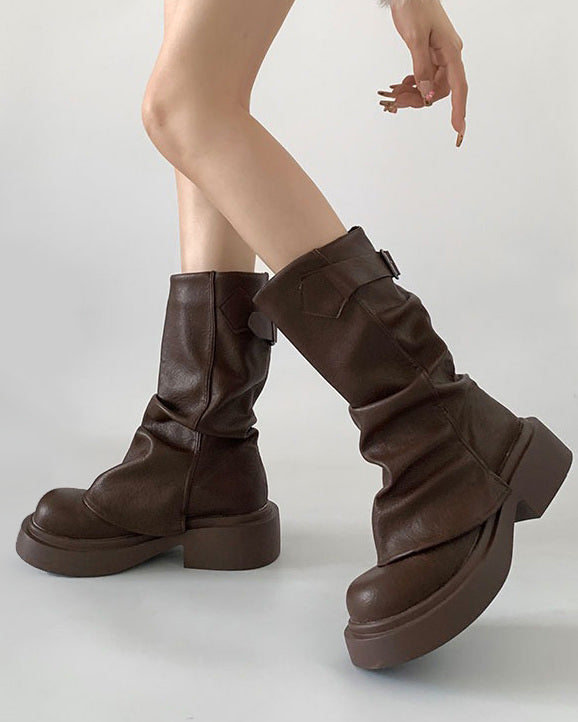 PLATFORM BOOTS BLACK VEGAN LEATHER BUCKLE STRAP
