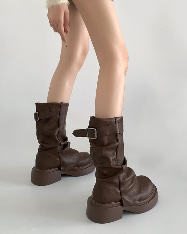 PLATFORM BOOTS BLACK VEGAN LEATHER BUCKLE STRAP