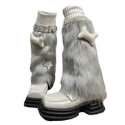 PLATFORM BOOTS STAR FUZZY LEG FAUX FUR
