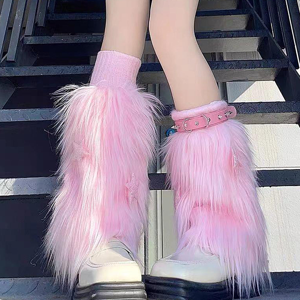 PLATFORM BOOTS STAR FUZZY LEG FAUX FUR