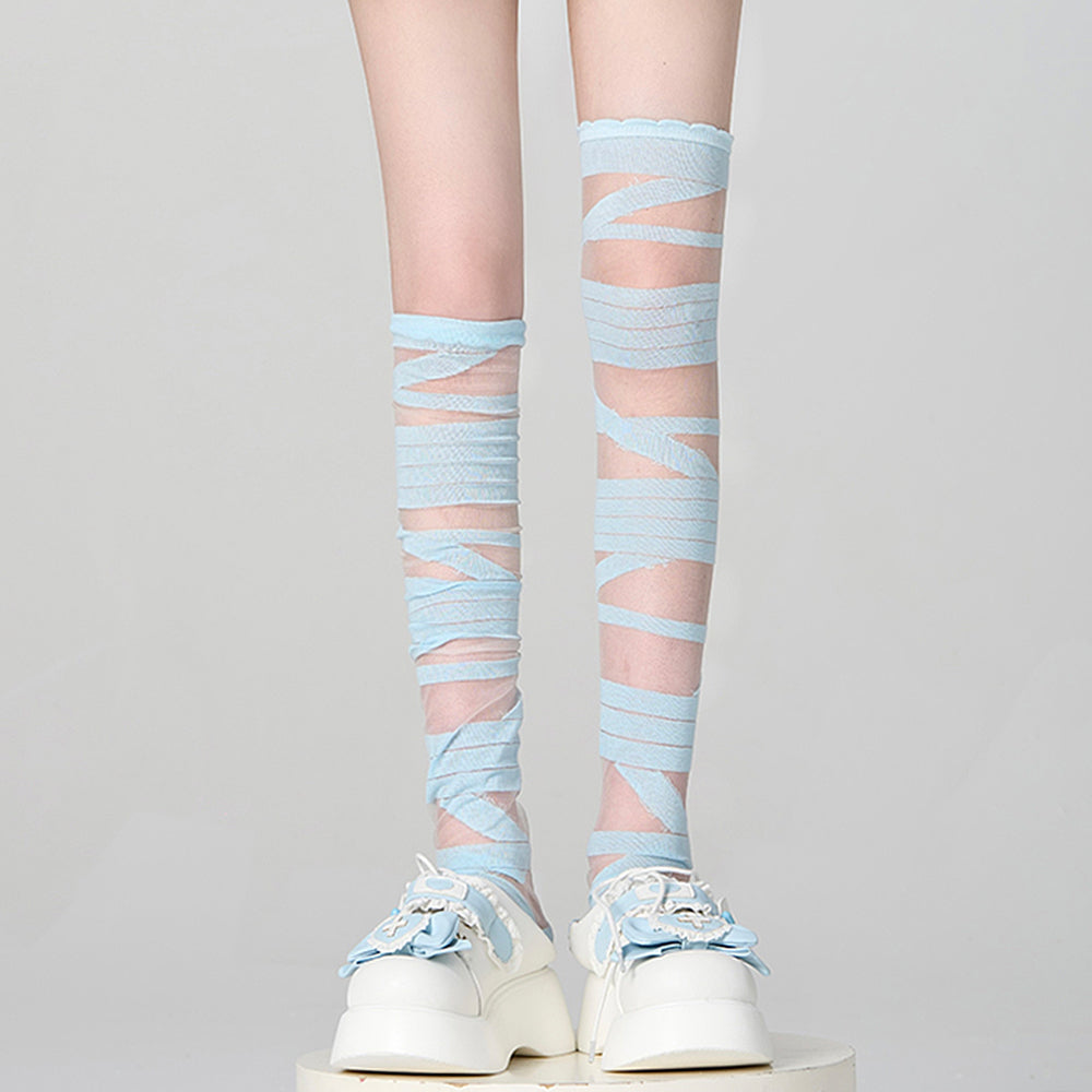 PLATFORM SHOES CELESTE BLUE TIE-UP SEE-THROUGH FABRIC