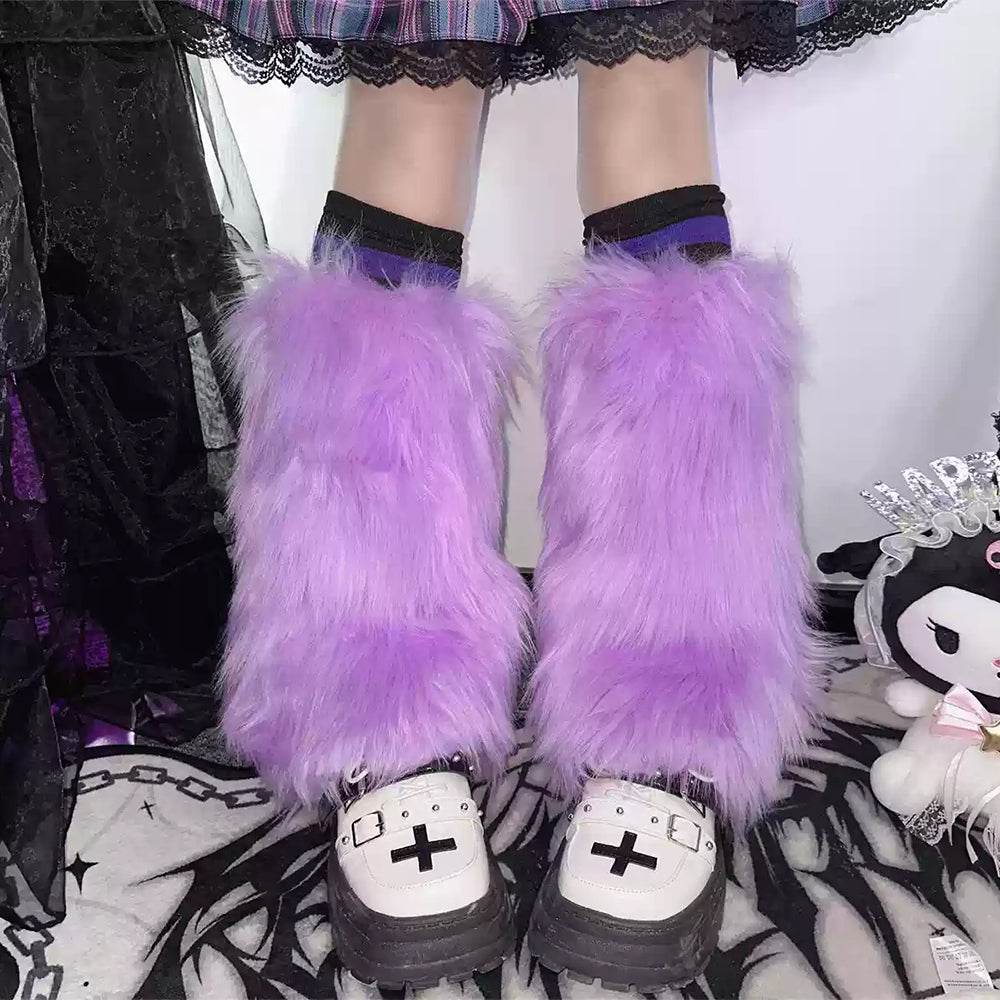 PLATFORM SHOES WITH LAVENDER FAUX FUR Y2K FUZZY LEG WARMERS