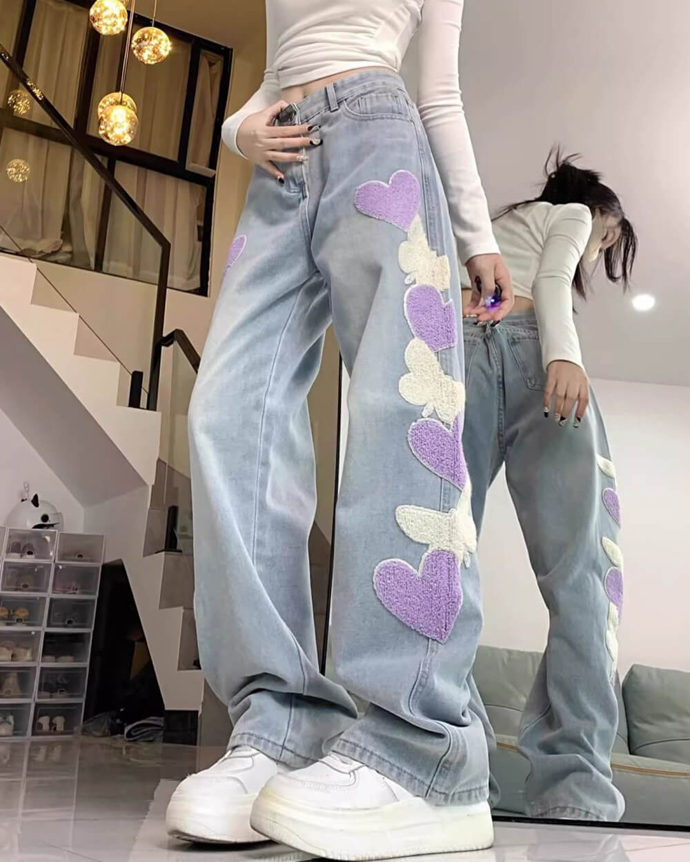 PLAYFUL HEART PATCH BAGGY JEAN STYLISH PLUSH TEXTURED HEART DESIGN