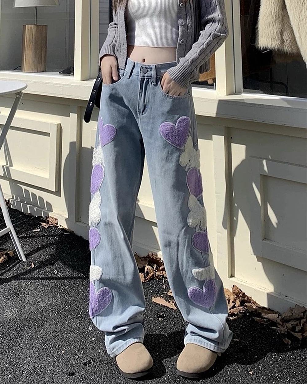 PLAYFUL HEART PATCH BAGGY JEAN STYLISH PLUSH TEXTURED HEART DESIGN