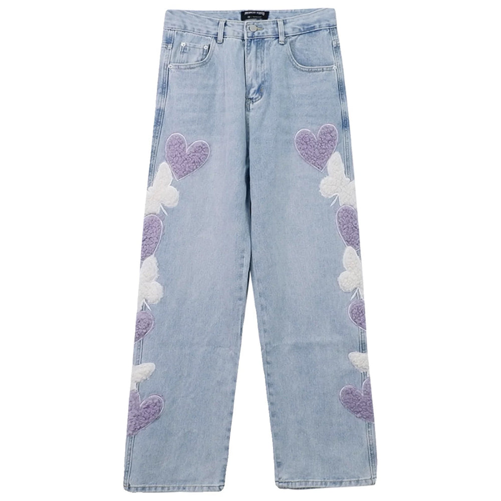 PLAYFUL HEART PATCH BAGGY JEAN STYLISH PLUSH TEXTURED HEART DESIGN