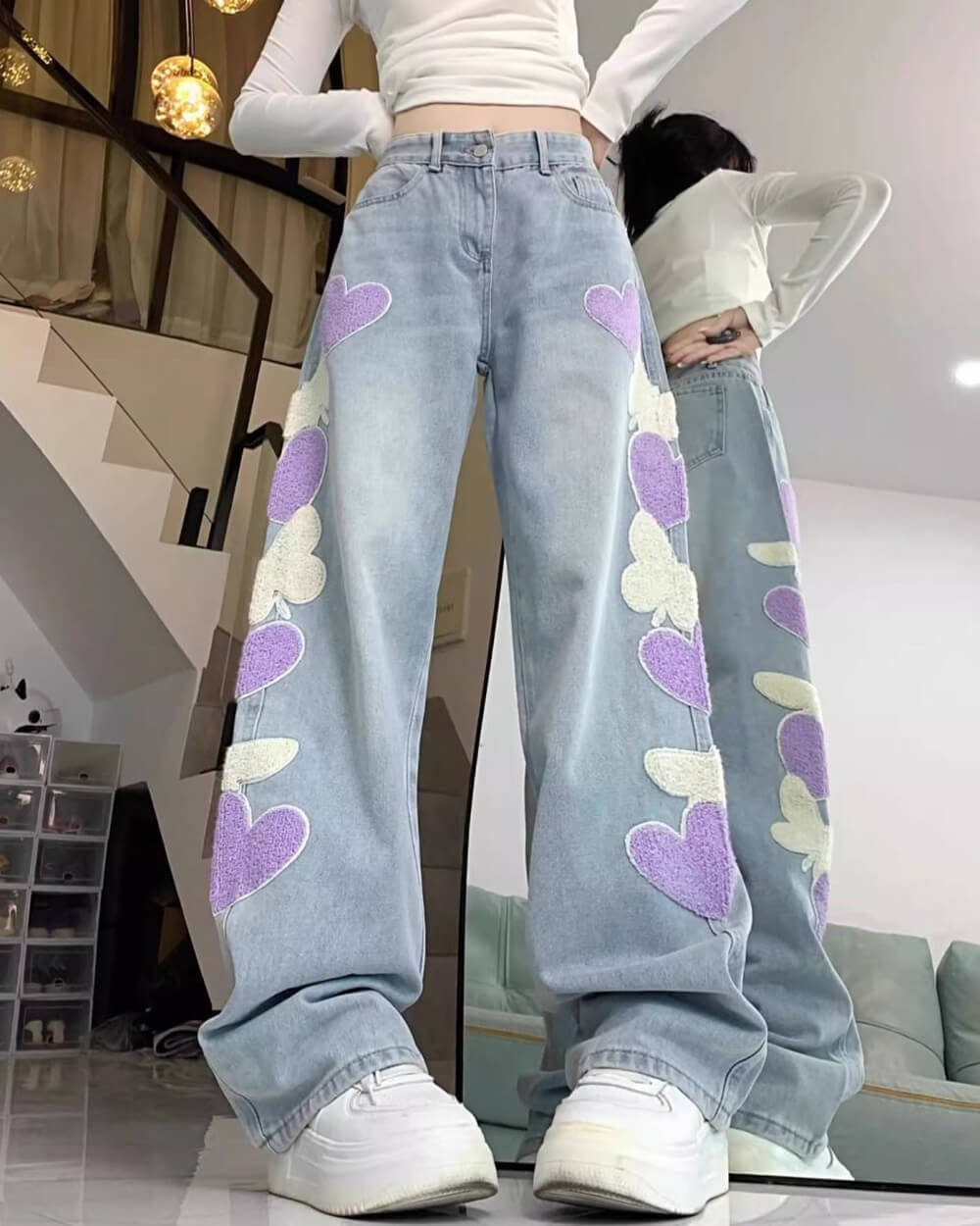 PLAYFUL HEART PATCH BAGGY JEAN STYLISH PLUSH TEXTURED HEART DESIGN