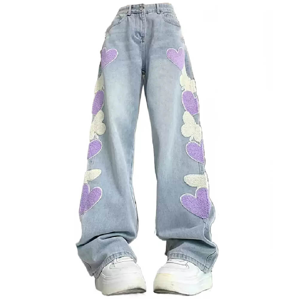PLAYFUL HEART PATCH BAGGY JEAN STYLISH PLUSH TEXTURED HEART DESIGN