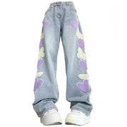 PLAYFUL HEART PATCH BAGGY JEAN STYLISH PLUSH TEXTURED HEART DESIGN