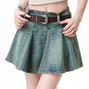 PLEATED DENIM MINI SKIRT WITH BELT
