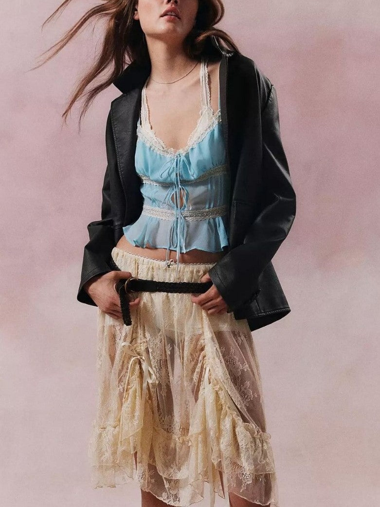PLEATED LAYERED TIE-FRONT TOP WITH LACE TRIM IN LIGHT BLUE