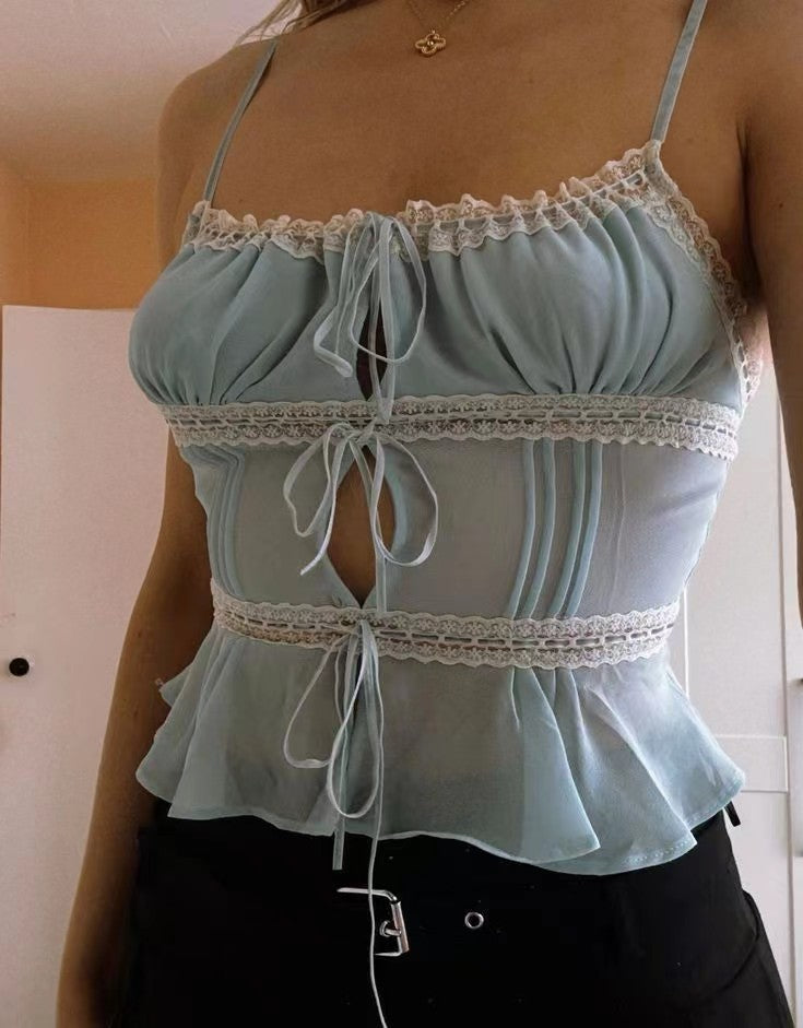 PLEATED LAYERED TIE-FRONT TOP WITH LACE TRIM IN LIGHT BLUE