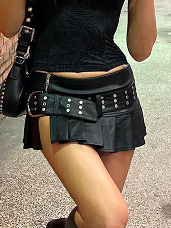 PLEATED MINI SKIRT WITH STUDDED BELT - PLEATED SLIT LEATHER STYLE