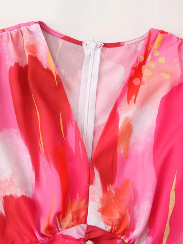 Pleated Print Long Sleeve Dress