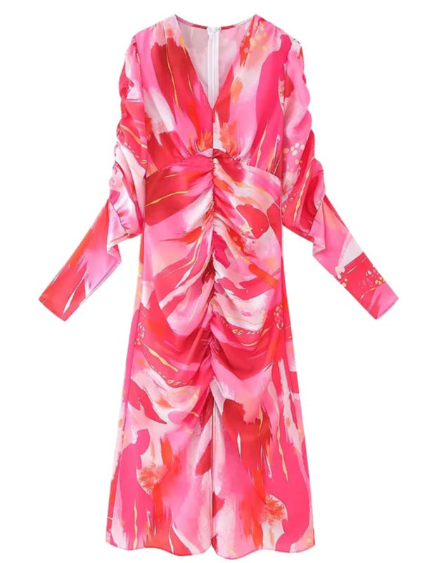 Pleated Print Long Sleeve Dress