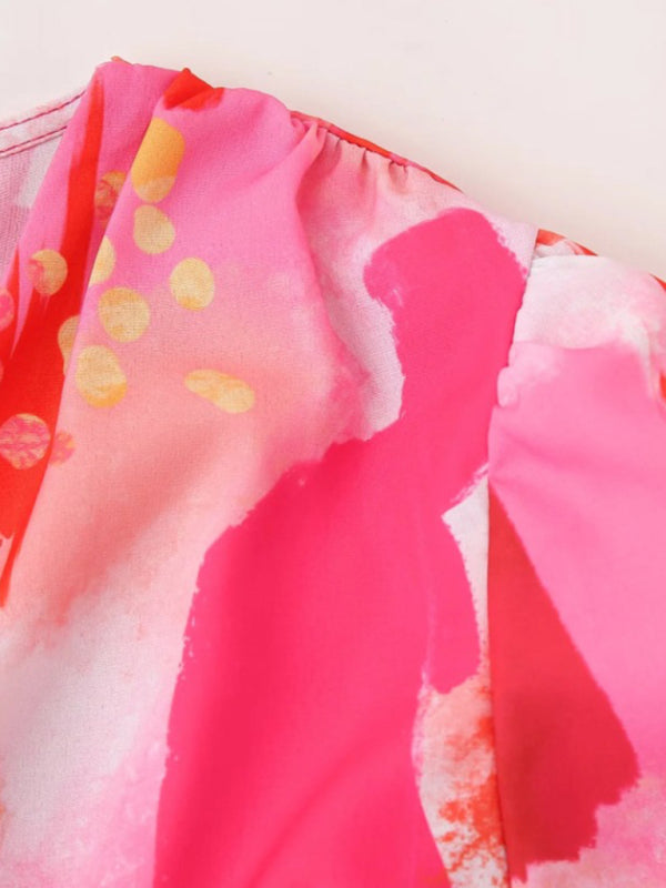 Pleated Print Long Sleeve Dress