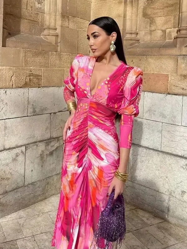 Pleated Print Long Sleeve Dress - Pink / S