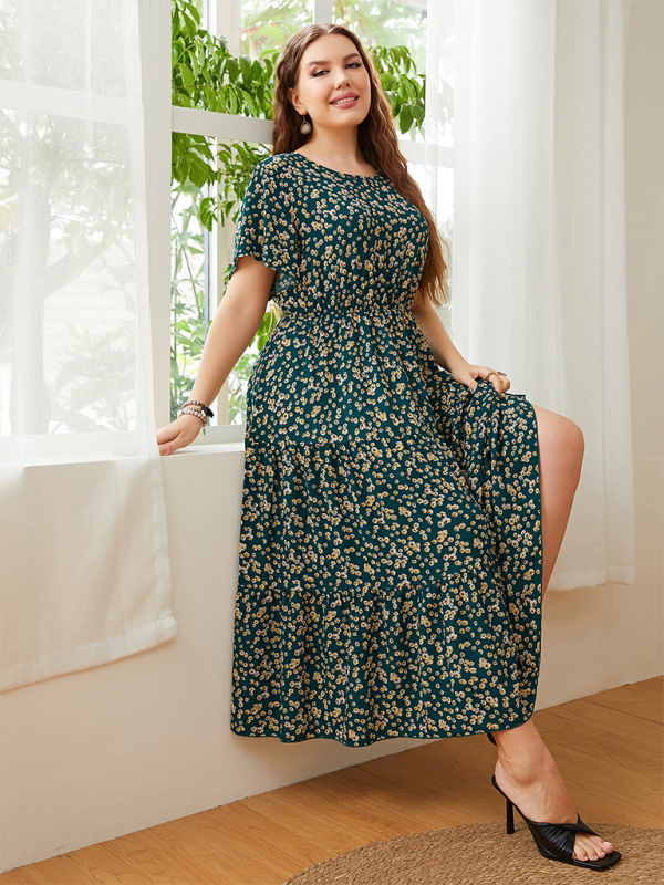 Plus size women’s casual round neck printed waist dress