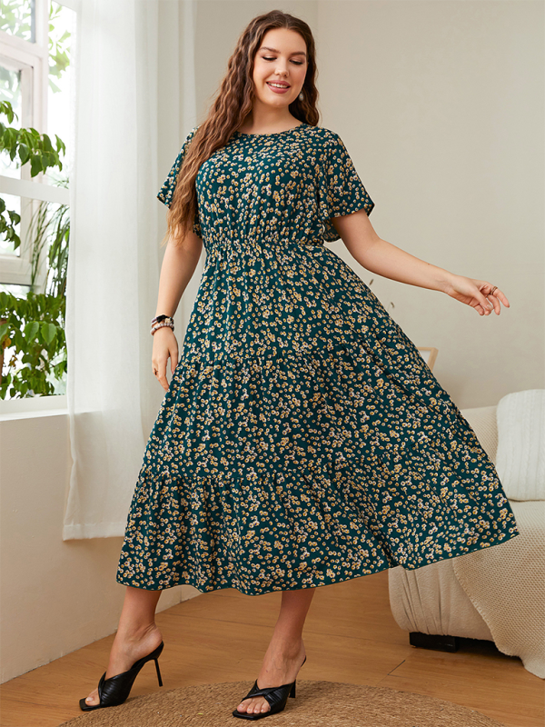 Plus size women’s casual round neck printed waist dress