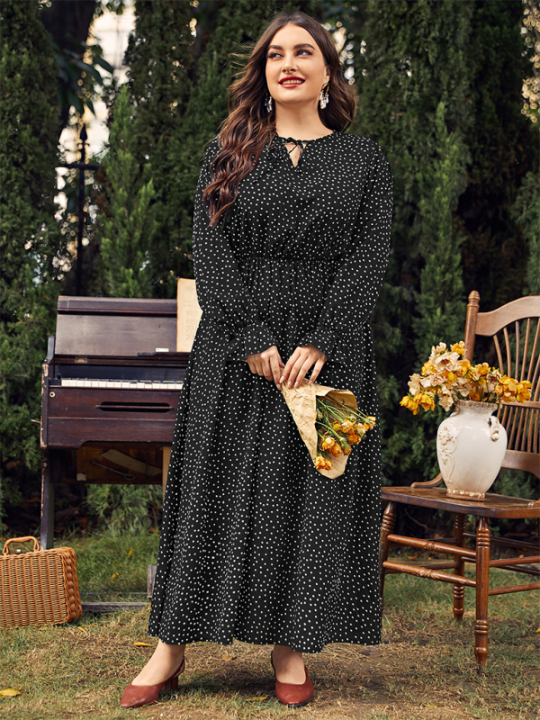 Plus size women’s new polka-dot loose long-sleeved dress - Black / L