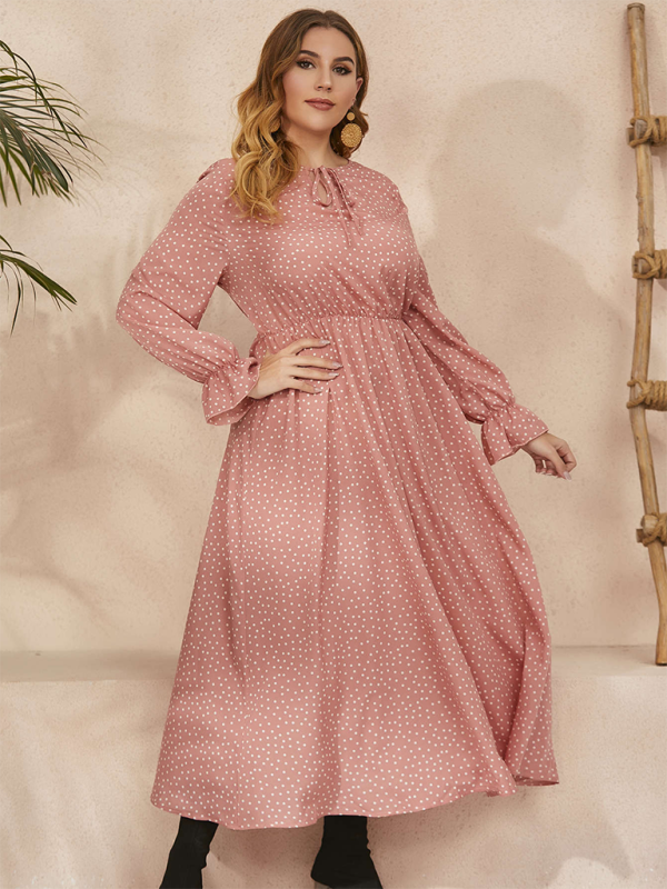 Plus size women’s new polka-dot loose long-sleeved dress - Pink / L