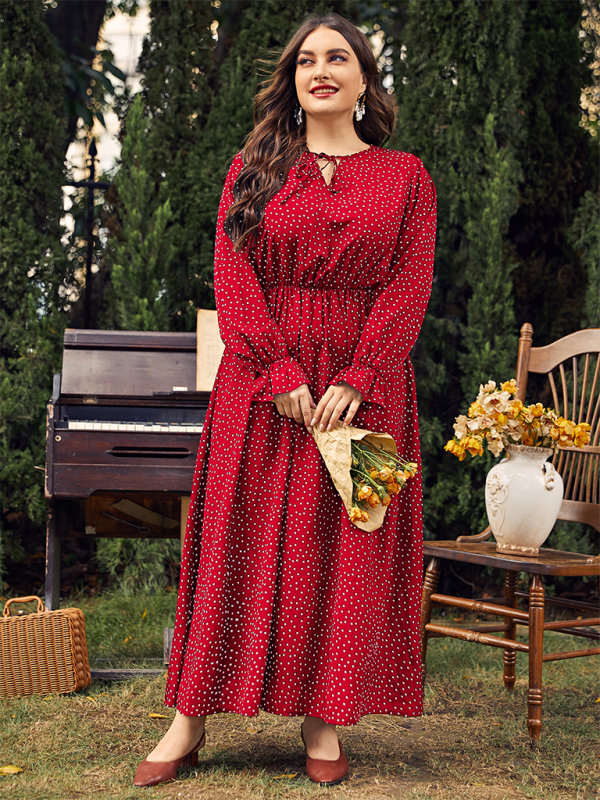 Plus size women’s new polka-dot loose long-sleeved dress - Red / L