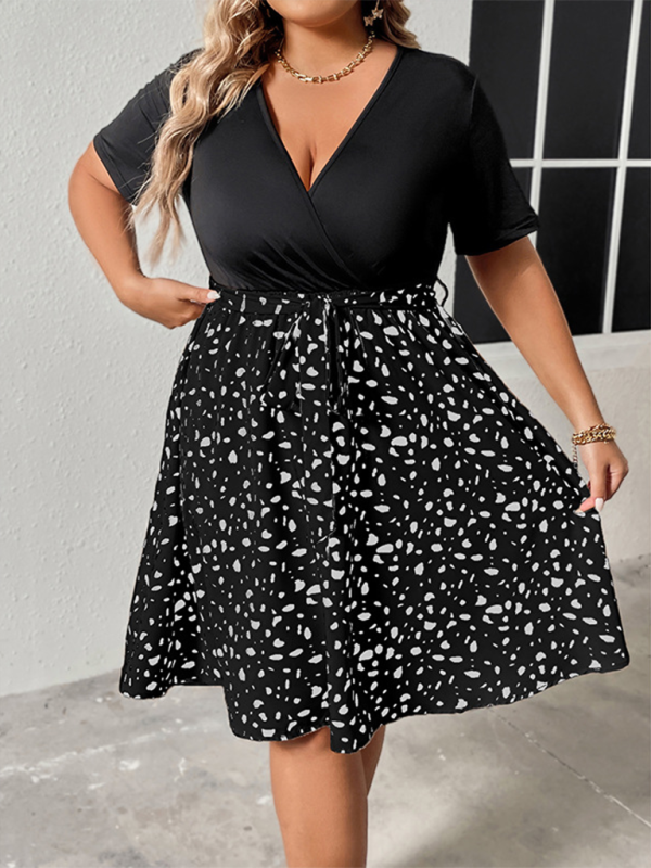 Plus size women’s patchwork v-neck short-sleeved strappy pleated dress