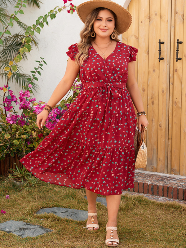 Plus size women’s red printed sleeveless lace short-sleeved dress