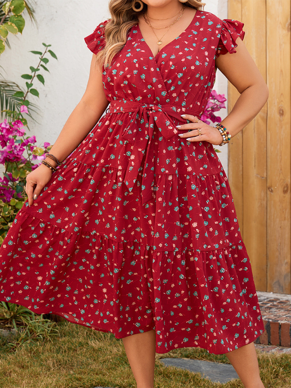 Plus size women’s red printed sleeveless lace short-sleeved dress - Red / XL
