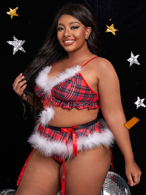 Plus size women’s sexy lingerie Christmas dress red plaid furry suit - Red / XL