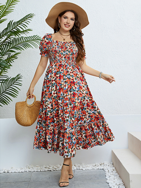 Plus size women’s summer floral one-shoulder waist slimming dress