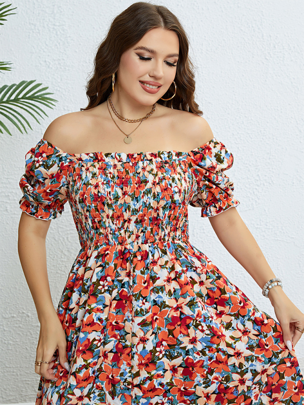 Plus size women’s summer floral one-shoulder waist slimming dress