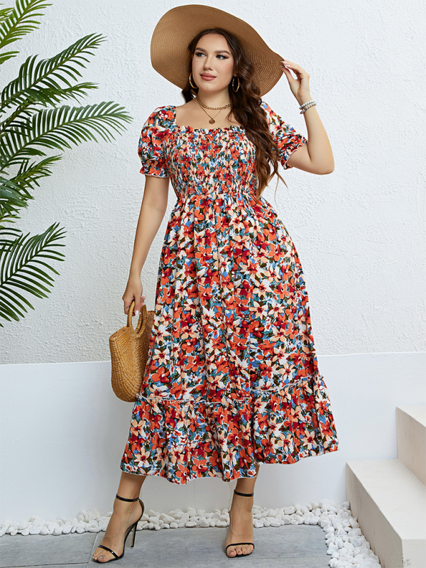 Plus size women’s summer floral one-shoulder waist slimming dress