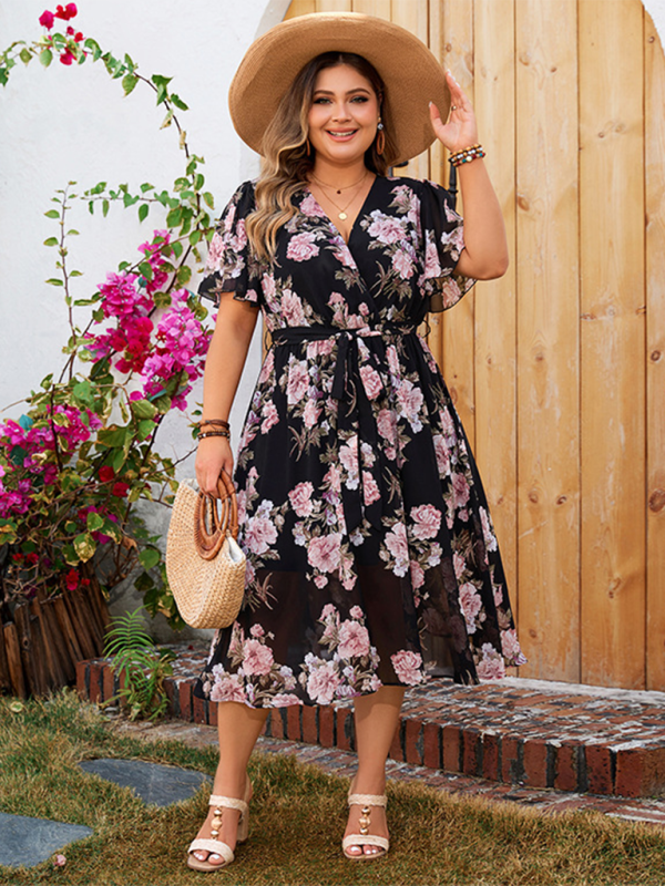 Plus size women’s V-neck fluttering sleeves waisted floral floral dress - Black / XL