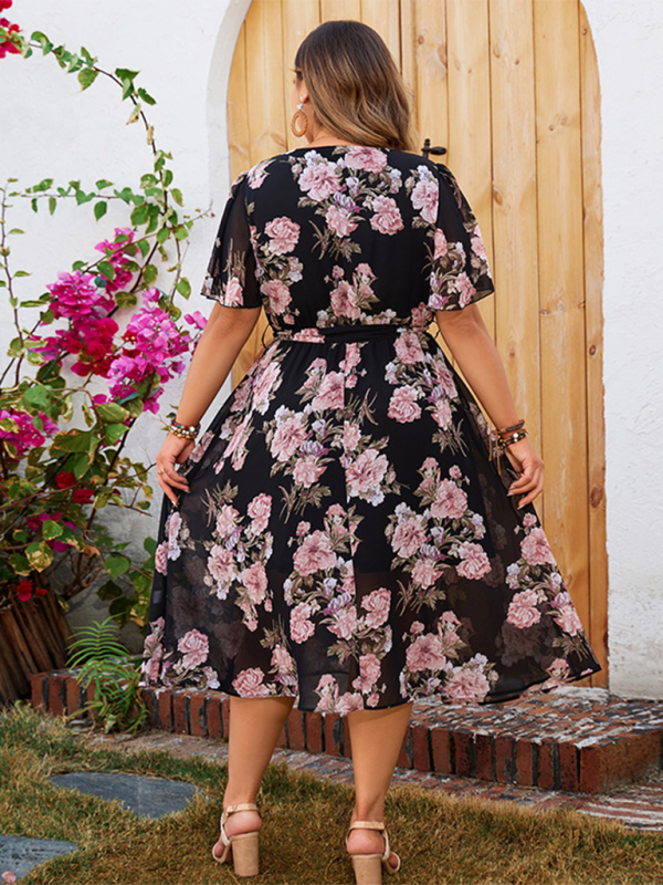 Plus size women’s V-neck fluttering sleeves waisted floral floral dress