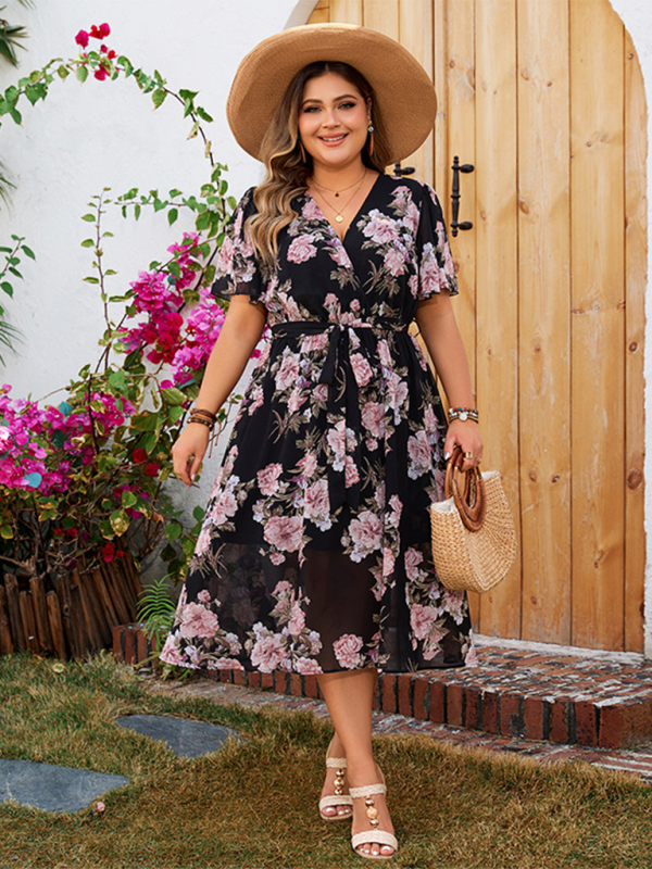 Plus size women’s V-neck fluttering sleeves waisted floral floral dress