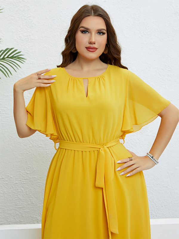 Plus size women’s yellow V-neck strappy waist dress