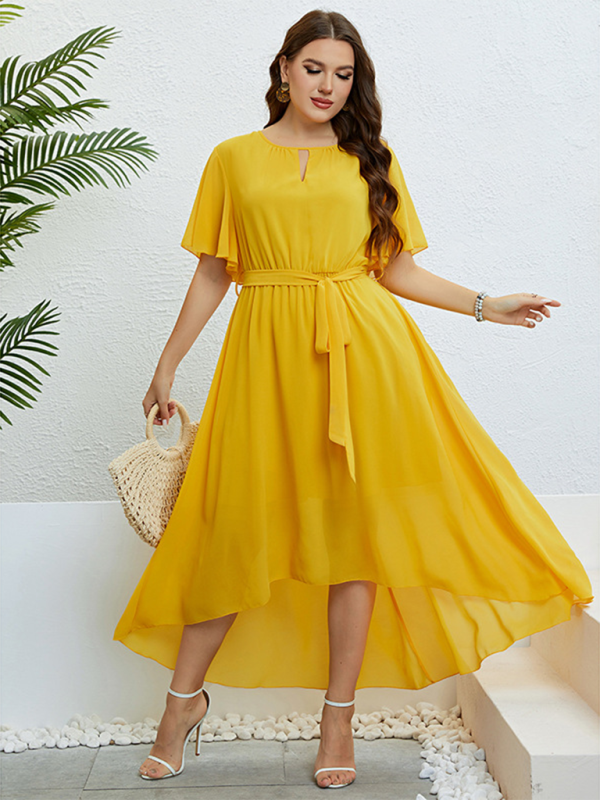 Plus size women’s yellow V-neck strappy waist dress - Yellow / XL