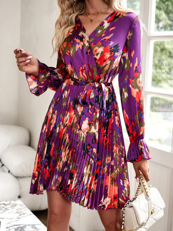 printed dress temperament elegant dress - Purple / S