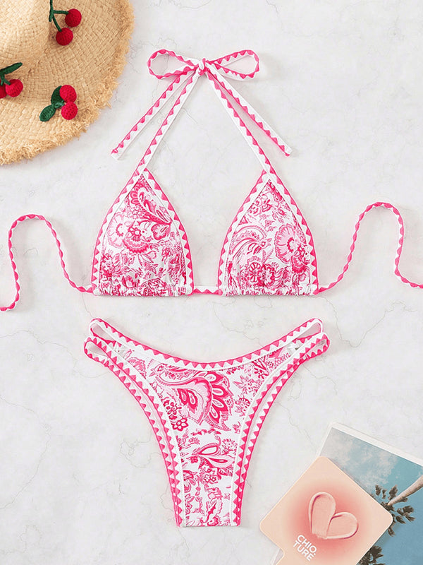 Pink and white paisley Printed halterneck sexy bikini with high elasticity weaving type