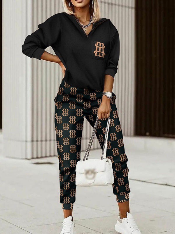 Printed long-sleeved trousers set High-quality sweater set - Black / S